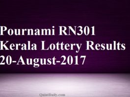Pournami RN301 Kerala Lottery Results 20-August-2017